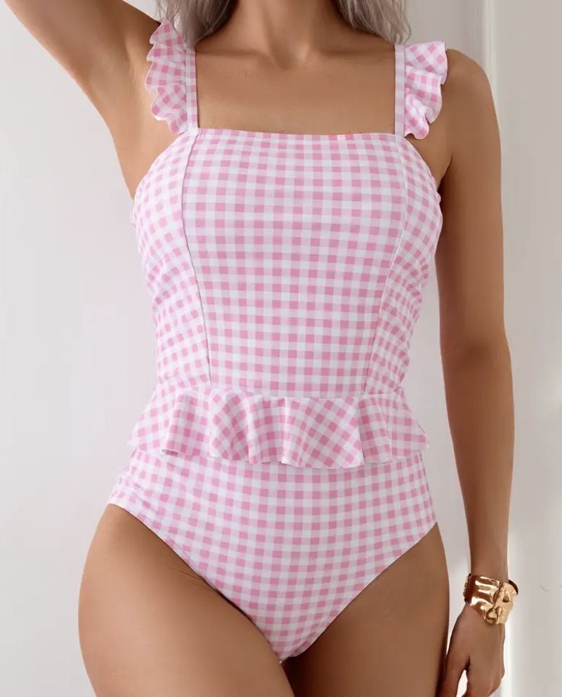 Resort Styles Women’s Pink &amp; White Gingham Swimsuit – Ruffled Shoulder &amp; Peplum Waist