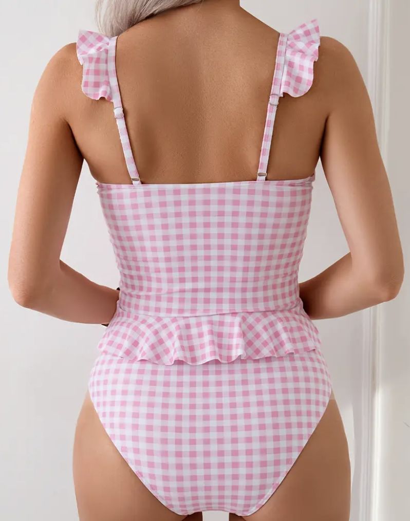 RESORT STYLES WOMEN’S PINK &amp; WHITE GINGHAM SWIMSUIT – RUFFLED SHOULDER &amp; PEPLUM WAIST