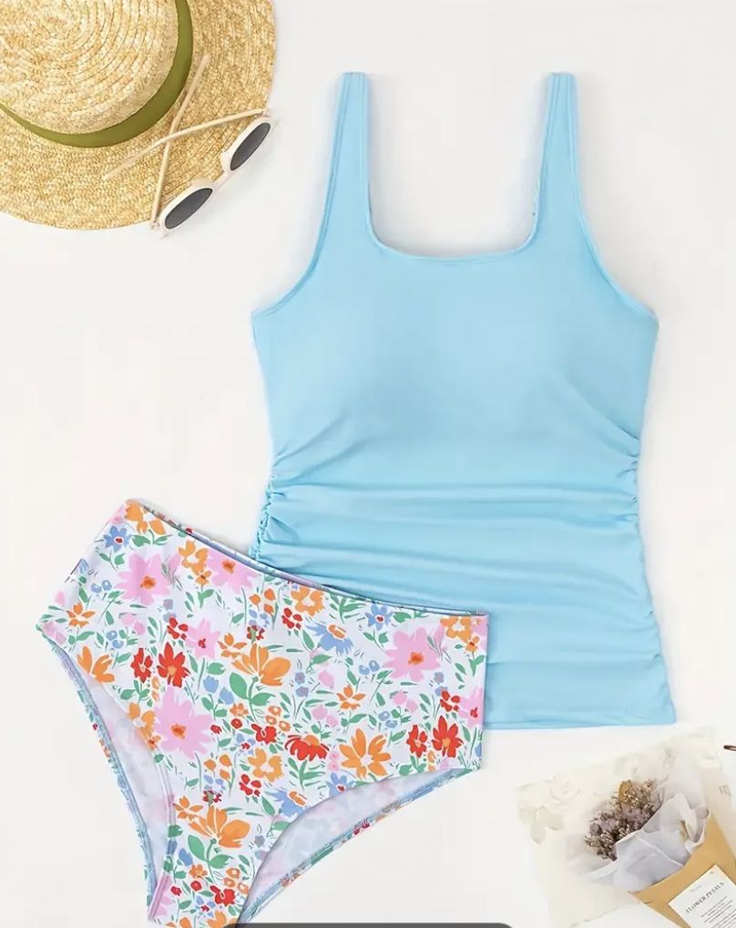 Resort Styles Women’s Sky Blue Tankini with Floral High-Waist Bottoms – Two-Piece Swimsuit Set