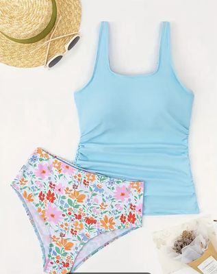 RESORT STYLES WOMEN’S SKY BLUE TANKINI WITH FLORAL HIGH-WAIST BOTTOMS – TWO-PIECE SWIMSUIT SET