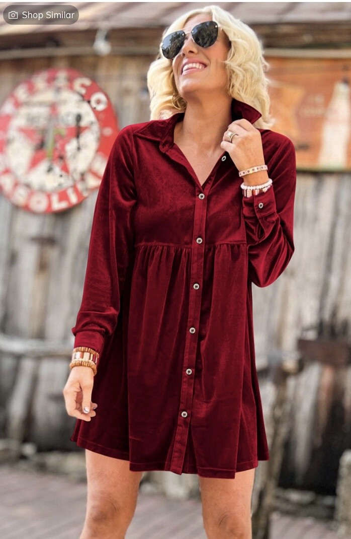 FIERY RED LONG SLEEVE RUFFLE VELVET BUTTON UP DRESS