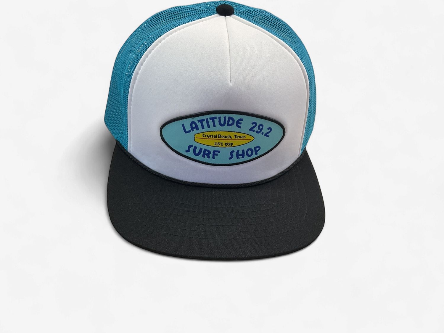 Richardson 112 white, neon blue, with black bill Latitude OG logo