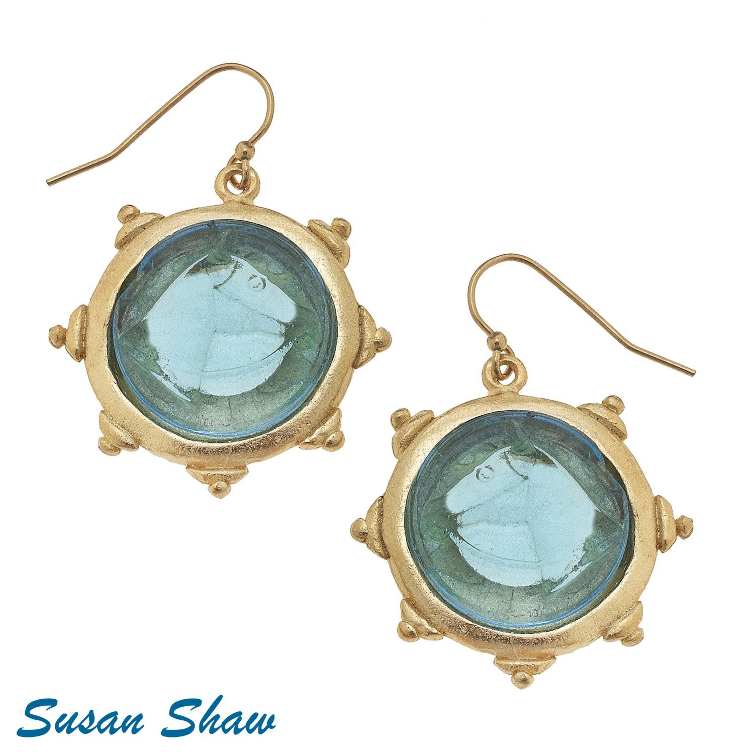 GOLD &amp; AQUA VENETIAN GLASS EARRINGS, Design: HORSE