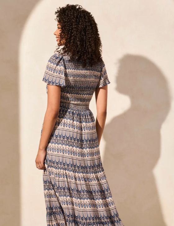 TRIBAL LINED S/S RUCHED TOP MAXI DRESS