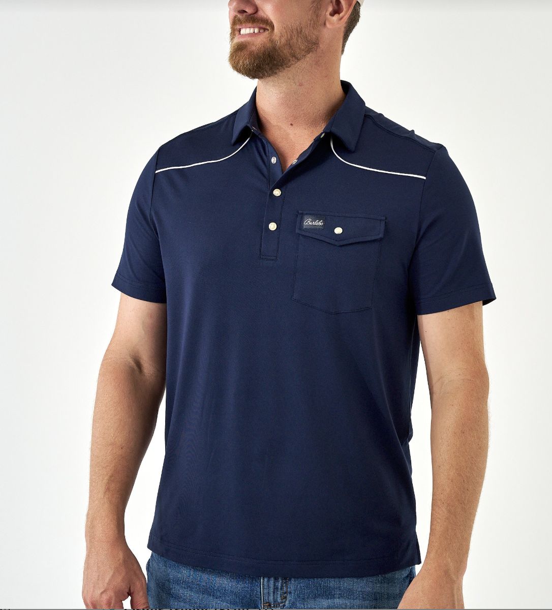 BURLEBO PEARL SNAP PERFORMANCE POLO - NAVY