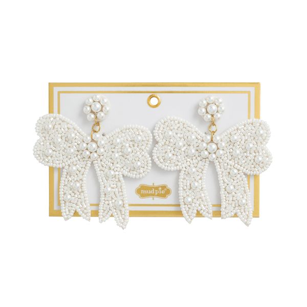 WHITE BOW BEADED EARRINGS