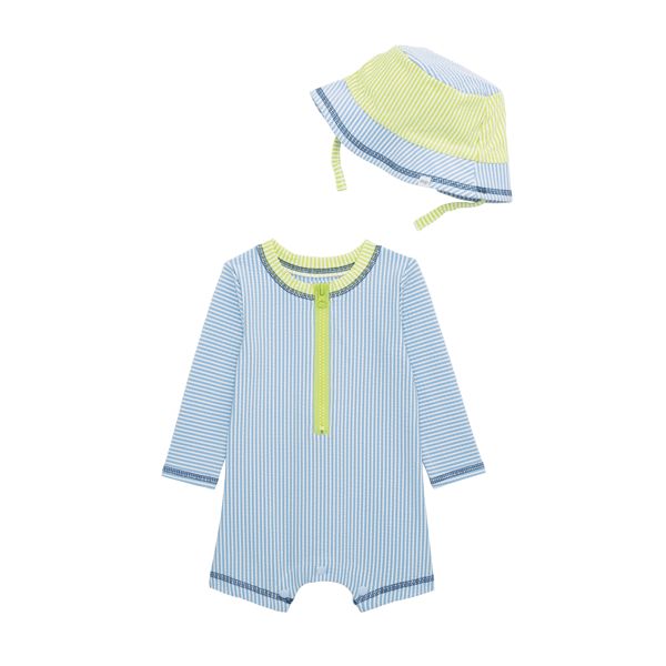 BLUE SEERSUCKER RASH GUARD ONE-PIECE SET