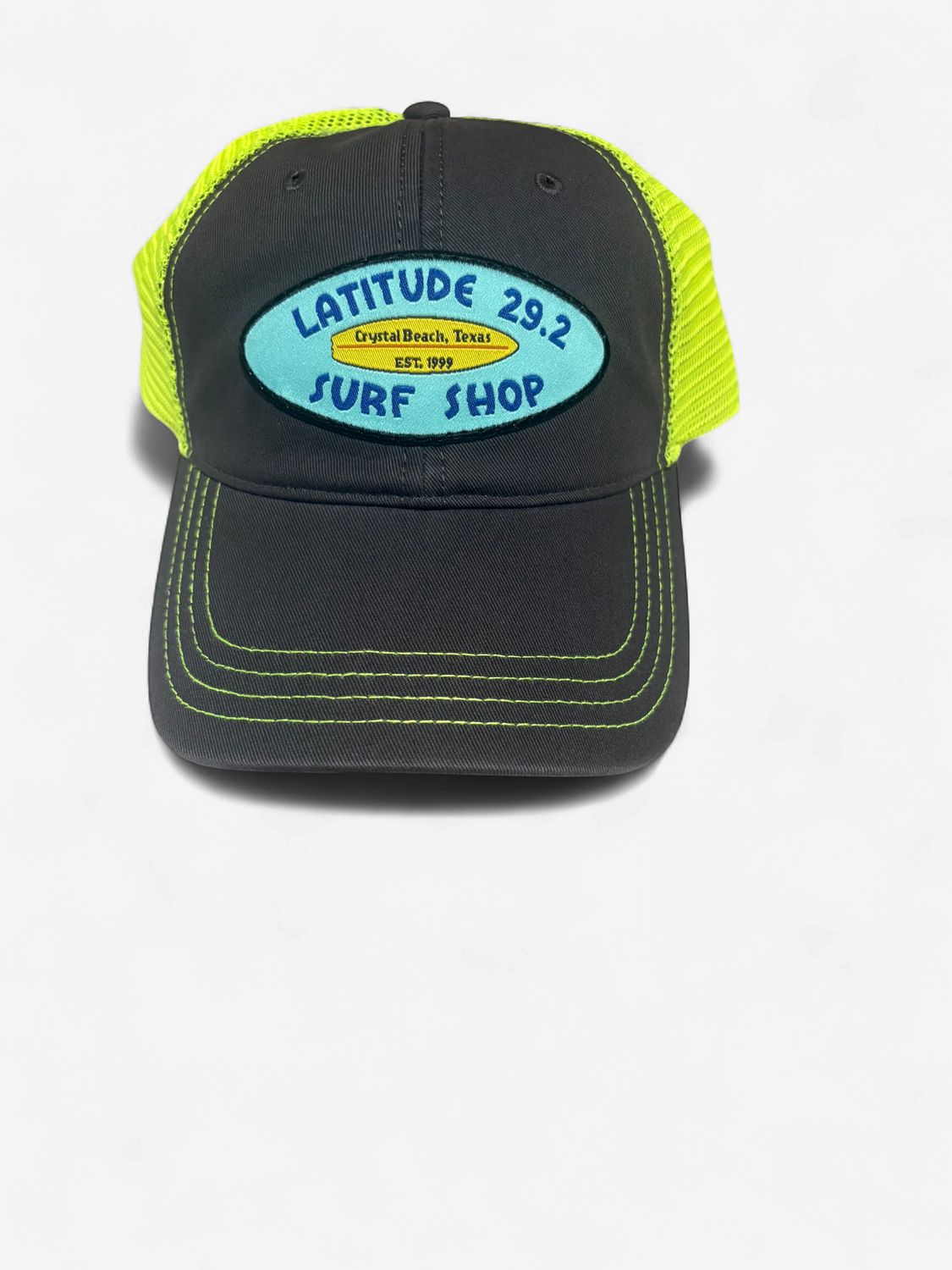 RICHARDSON 111 LATITUDE OG LOGO CAP CHARCOAL AND NEON YELLOW UNSTRUCTURED