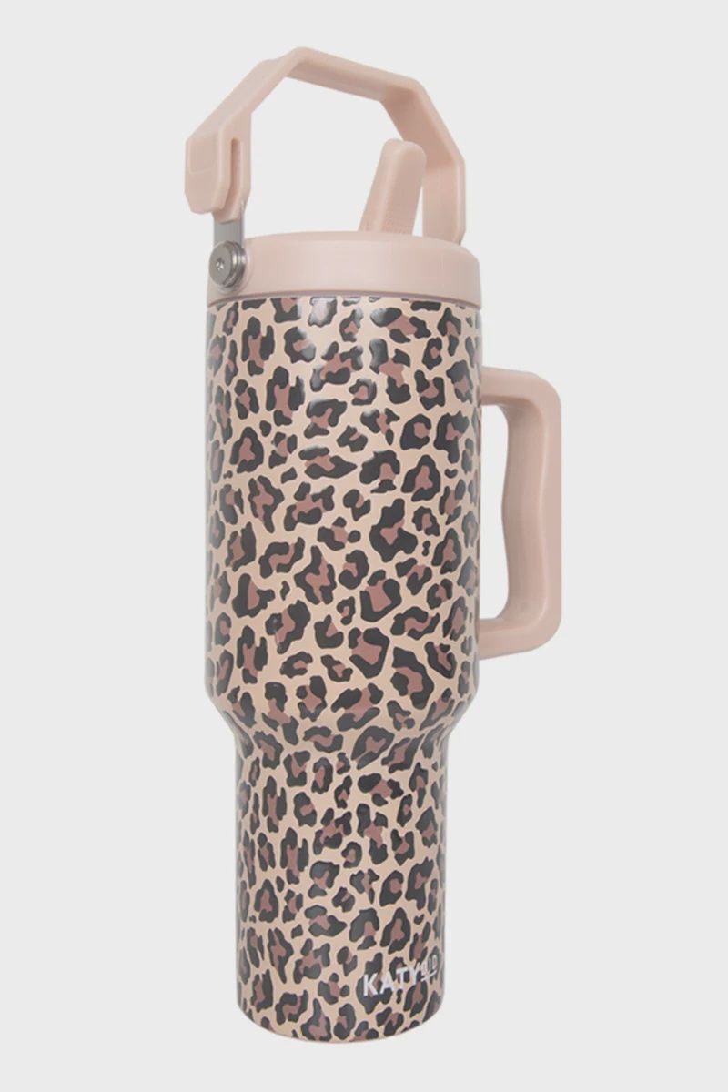 KATYDID BROWN LEOPARD TUMBLER WITH LID HANDLE