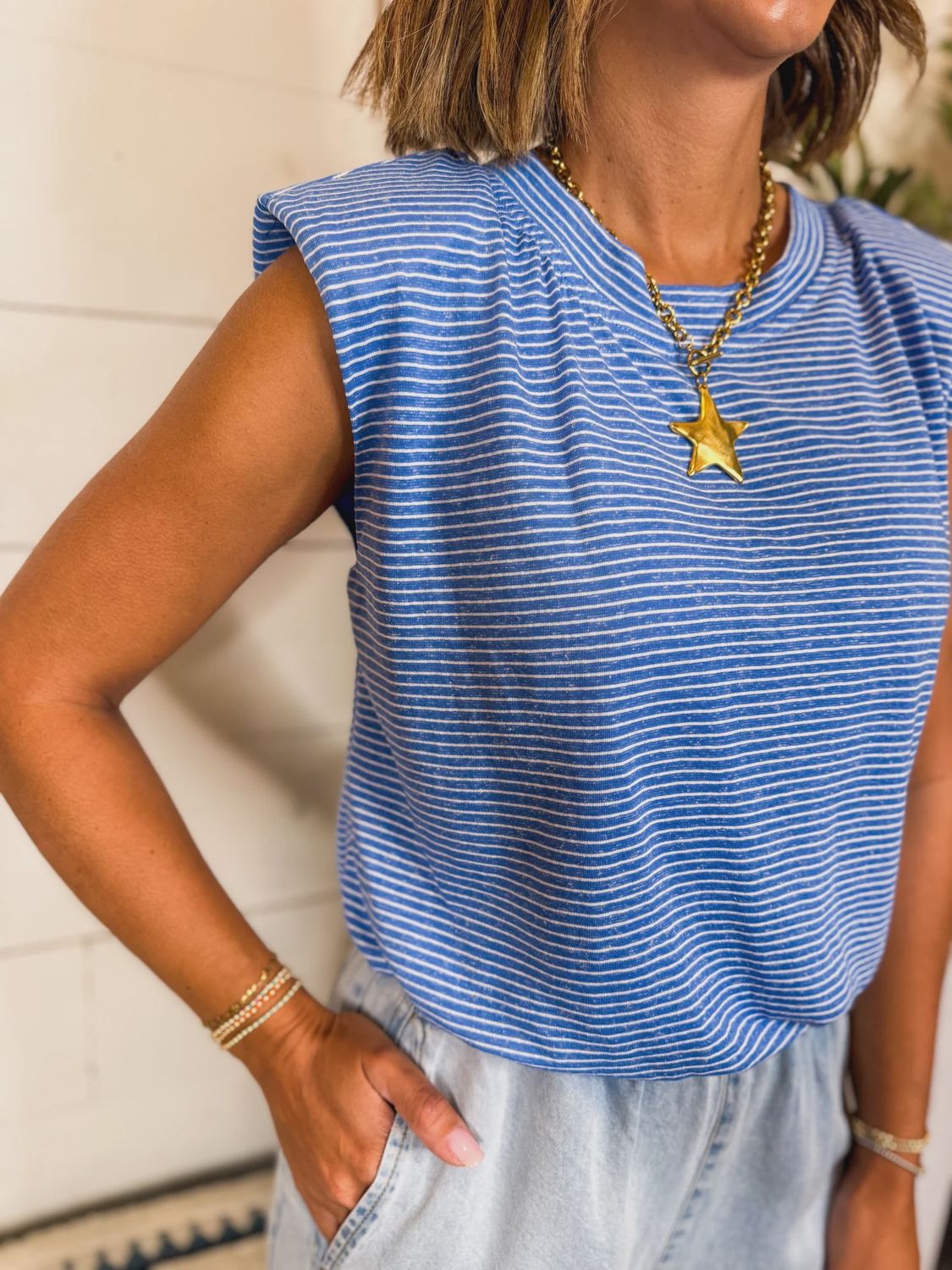 SKIES ARE BLUE STRIPE KNIT BUBBLE HEM TOP-BLUE