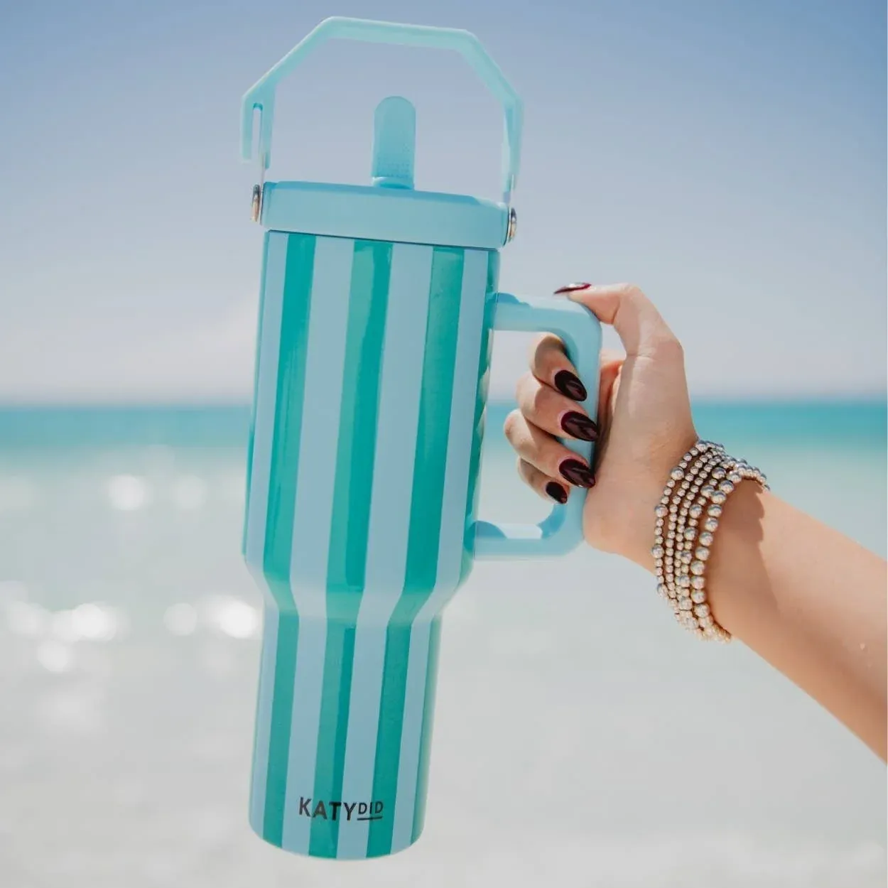 KATYDID AQUA AND GREEN STRIPED 40 OZ CABANA JUG TUMBLER