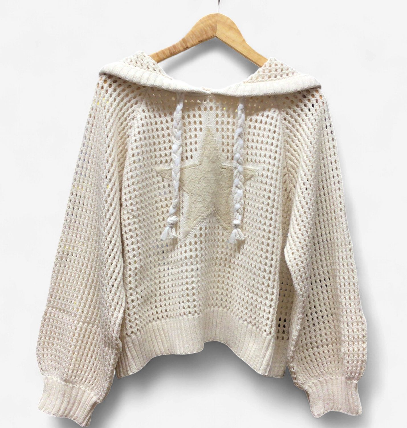 POL CLOTHING RAGLAN SWEATER TOP WITH LACE STAR PATCH- IVORY