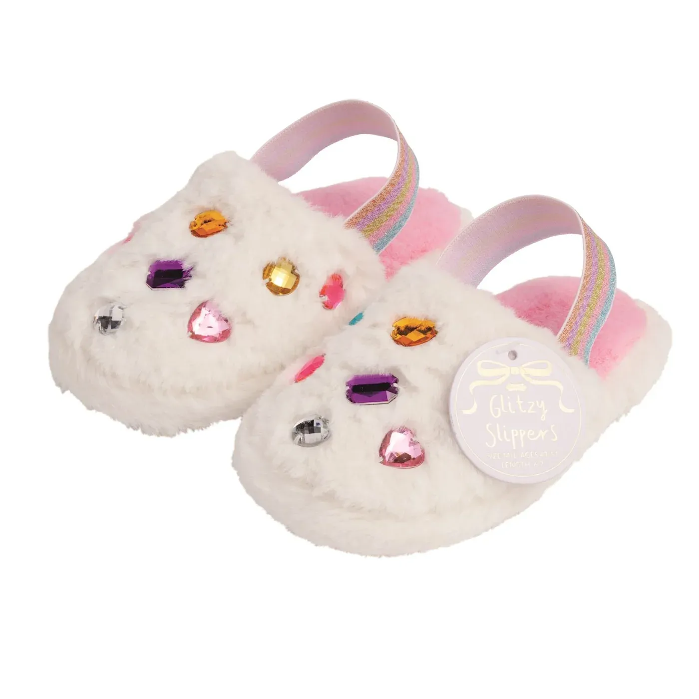 MUD PIE WHITE JEWELED FUR SLIPPERS (4T-5T)