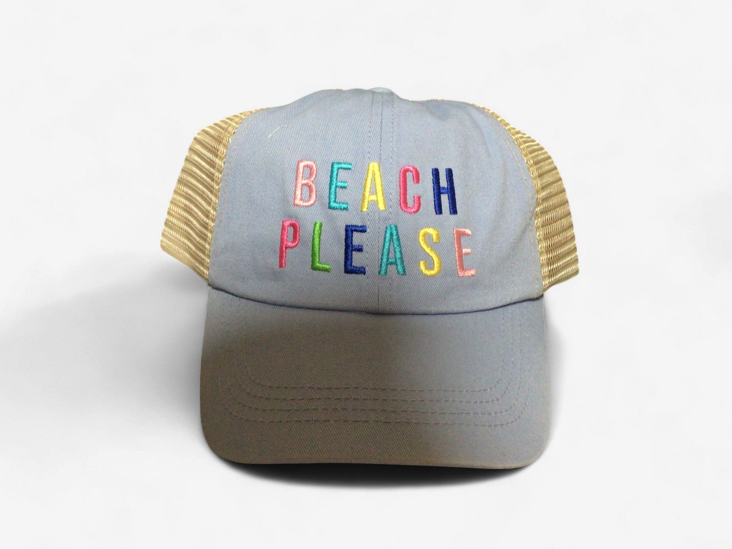 BEACH PLEASE EMBROIDERY MESH BACK CAP-LIGHT BLUE