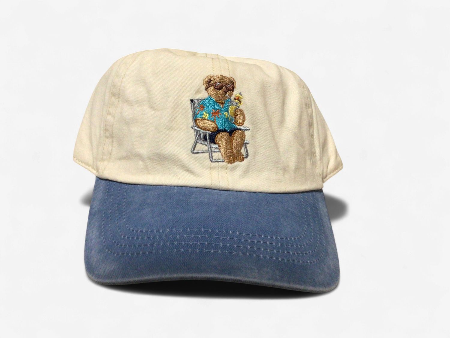 SUMMER BEACH BEAR EMBROIDERY TWO TONE CAP- DENIM BLUE