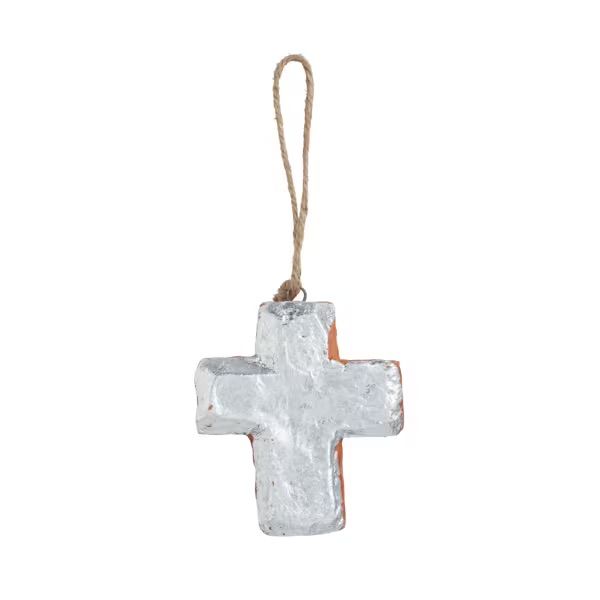 MUD PIE SILVER CROSS TERRACOTTA ORNAMENT
