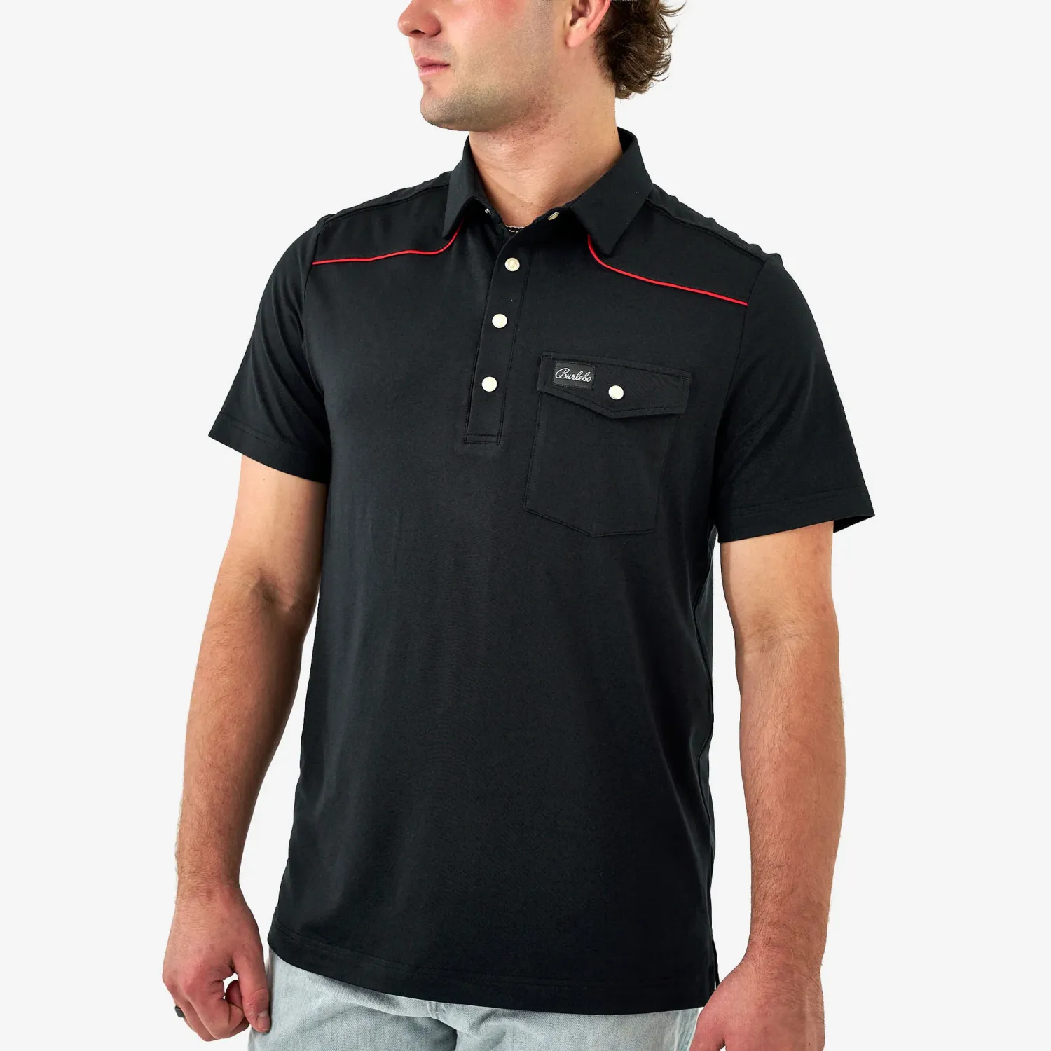 BURLEBO PEARL SNAP PERFORMANCE POLO-BLACK AND RED