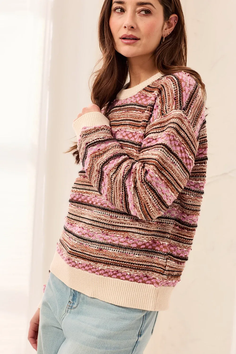 TRIBAL CREW NK SWTR W/ CONTRAST RIB- M NOSTALGIA