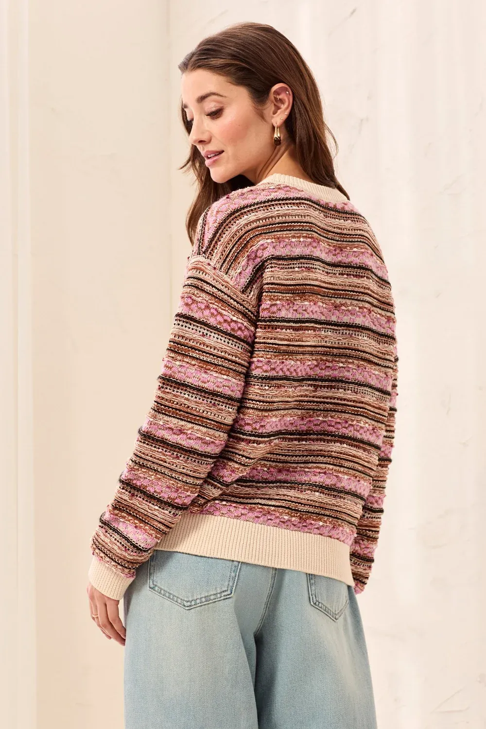 TRIBAL CREW NK SWTR W/ CONTRAST RIB- M NOSTALGIA