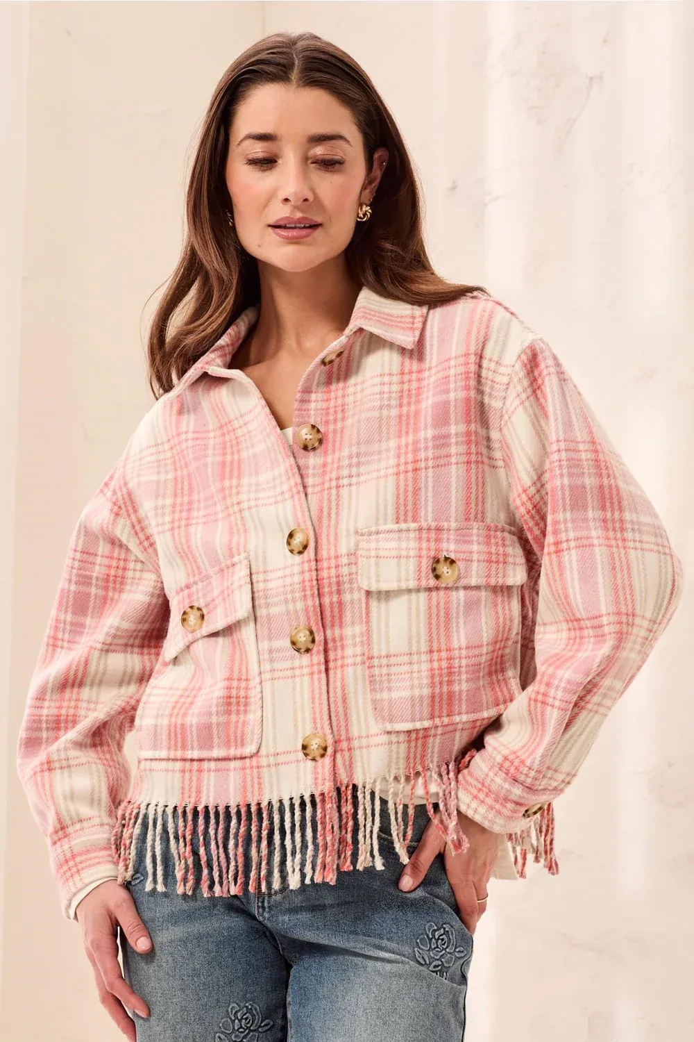 TRIBAL PLAID CROP SHACKET W/FRINGE-NOSTALGIA