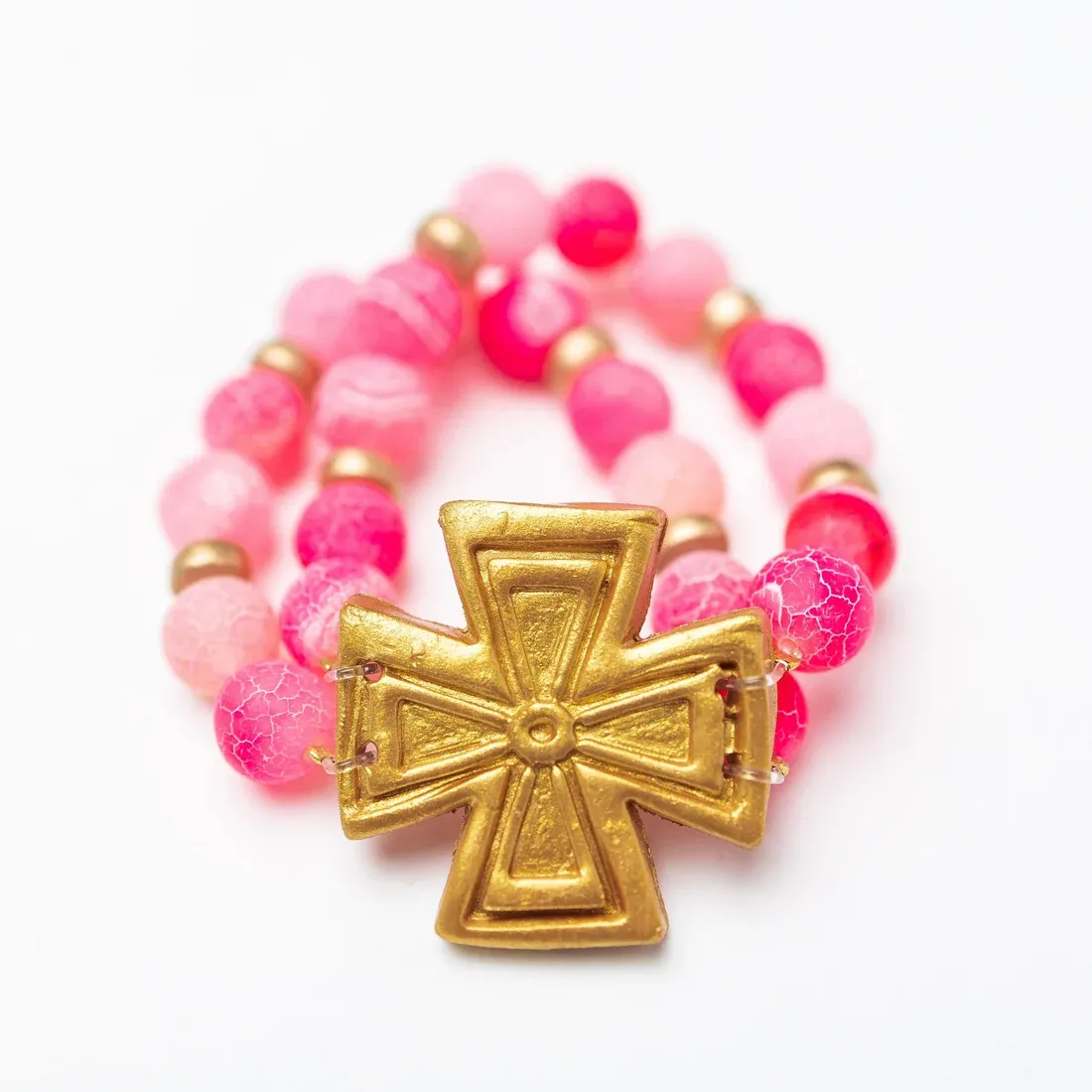 HIDDEN TRUTH JEWELRY PINK FIRE AGATE W/ ANNA CROSS BRACELET