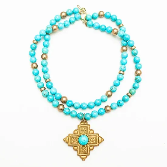 HIDDEN TRUTH JEWELRY 18” DOUBLE STRAND TURQUOISE JADE W/ ELLIE CROSS NECKLACE