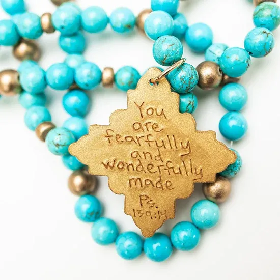 HIDDEN TRUTH JEWELRY 18” DOUBLE STRAND TURQUOISE JADE W/ ELLIE CROSS NECKLACE