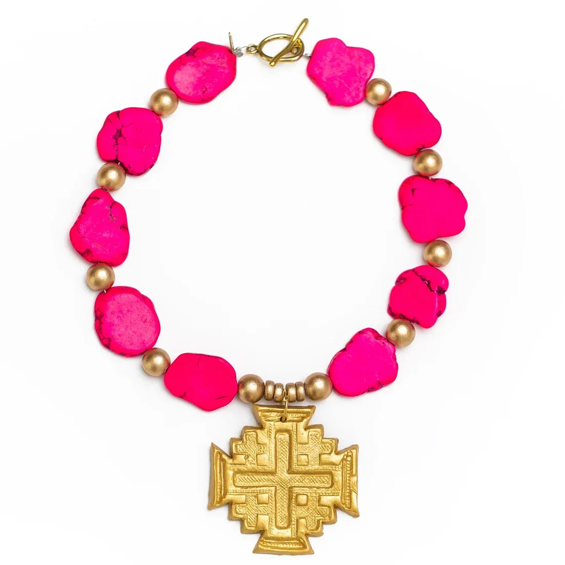 HIDDEN TRUTH JEWELRY HOT PINK JADE NUGGETS W/ JERUSALEM CROSS NECKLACE