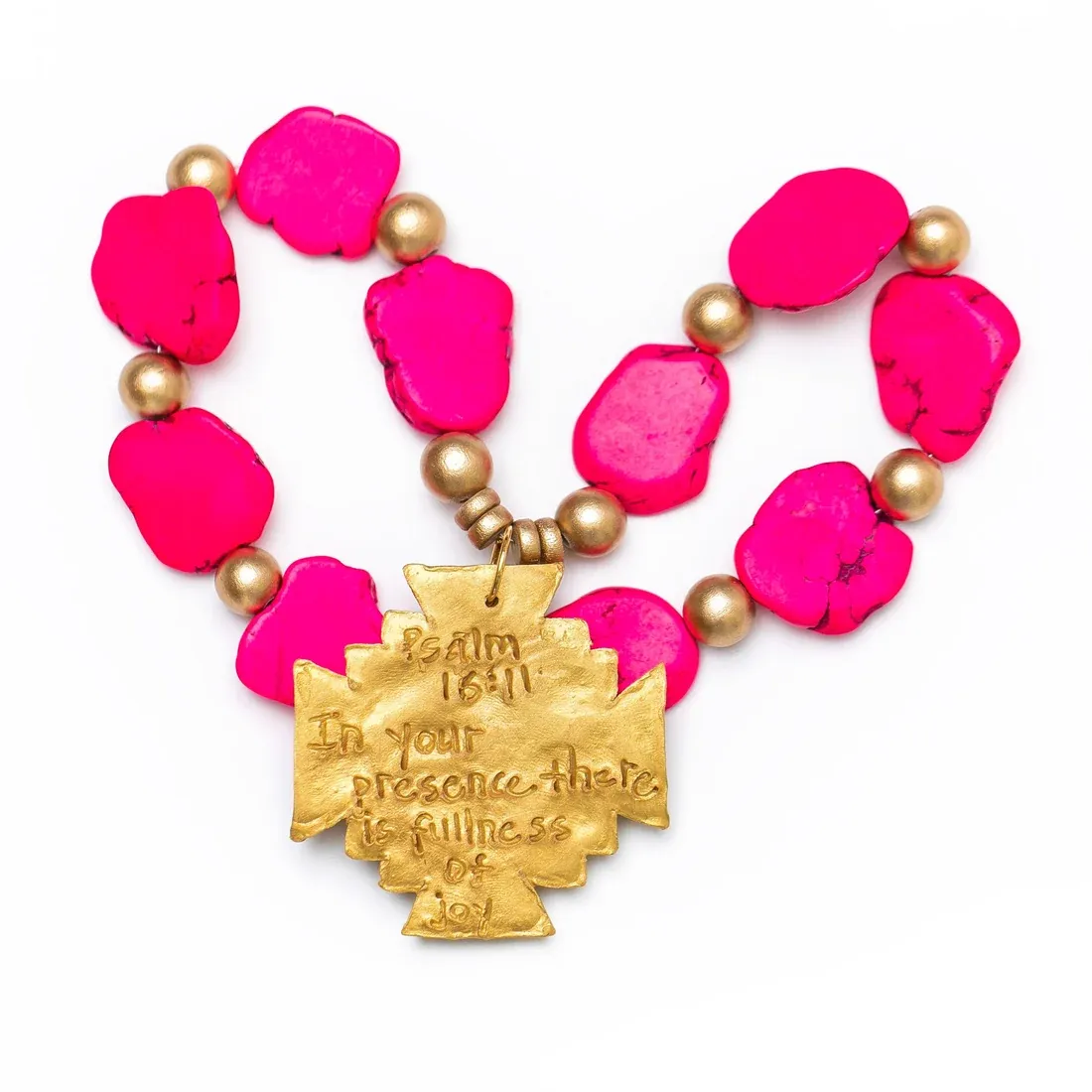 HIDDEN TRUTH JEWELRY HOT PINK JADE NUGGETS W/ JERUSALEM CROSS NECKLACE