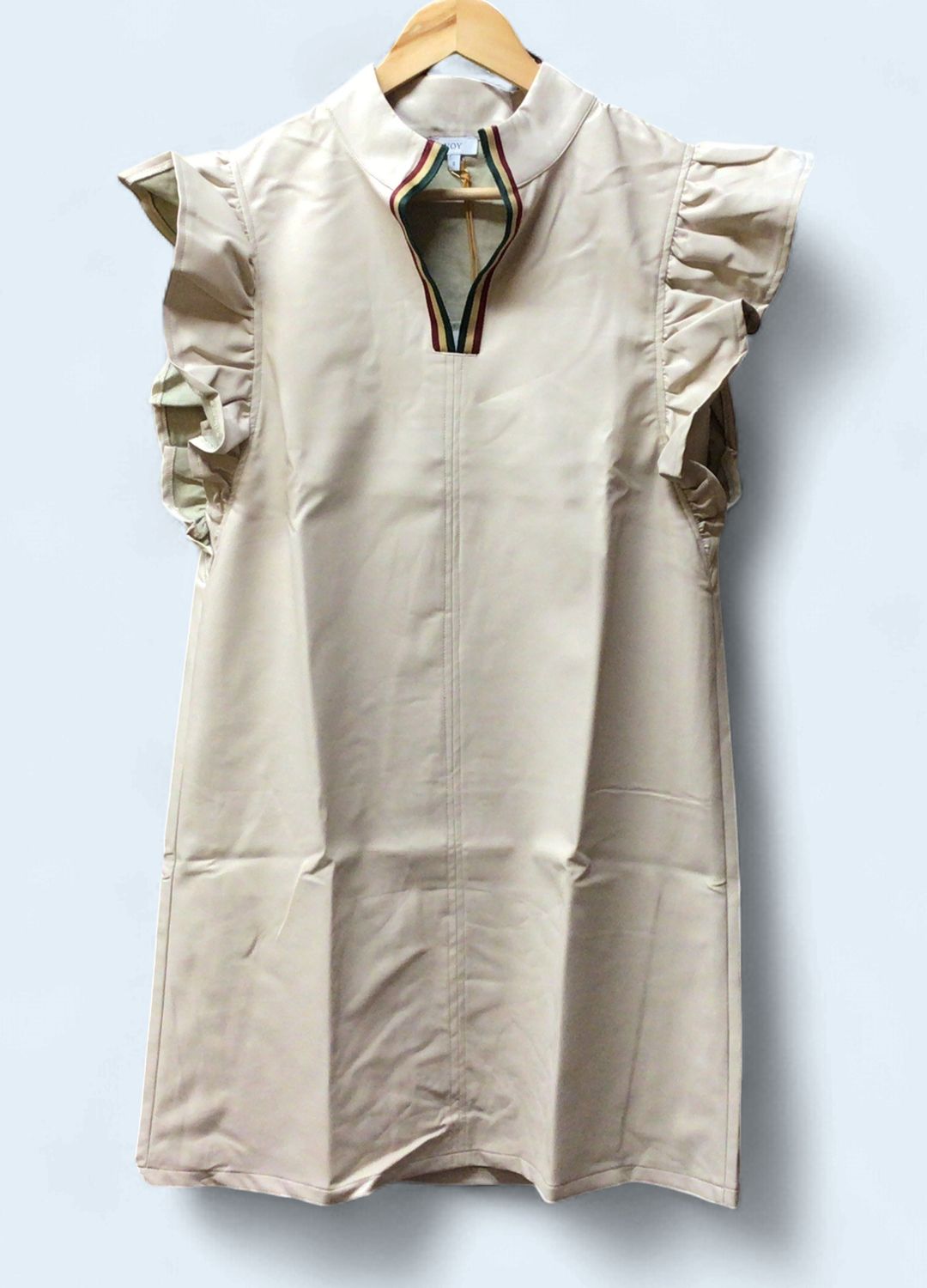 VOY STRIPE RIBBON BAND V-NECK FAUX LEATHER DRESS - IVORY