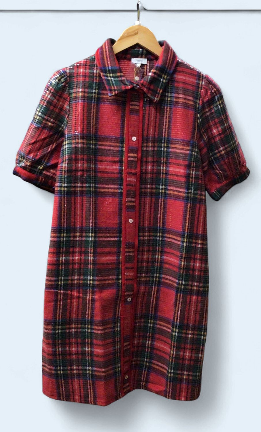 VOY COLLARED BUTTON DOWN PLAID SEQUIN DRESS - RED