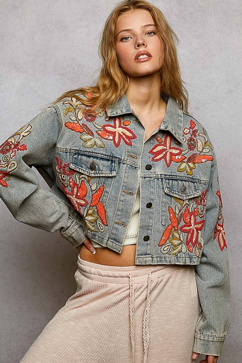 POL DENIM JACKET WITH BEADS AND EMBROIDERY