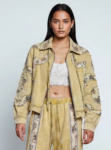 POL VINTAGE-WASH ZIP-UP FLORAL PATCHWORK HOODIE-LEMON