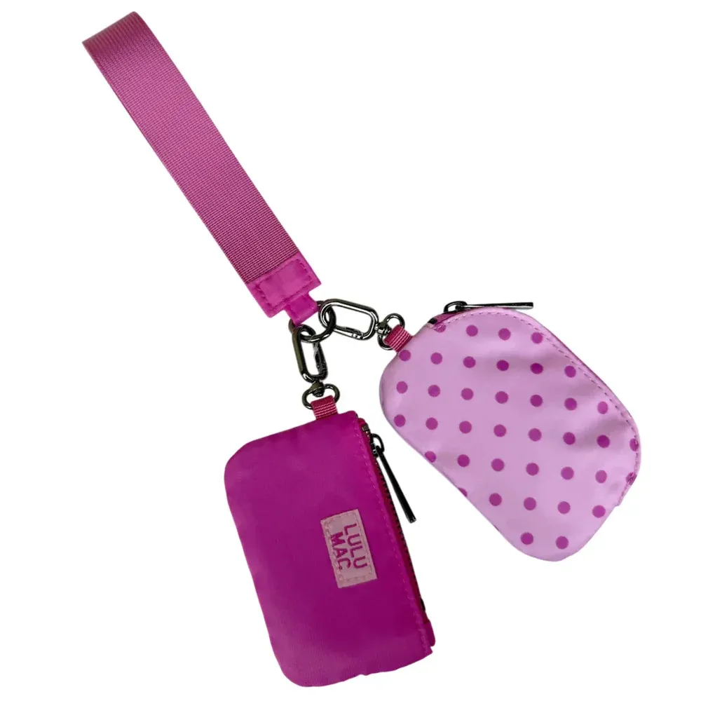 LULU MAC PINK/HOT PINK DOTS DOUBLE POUCH WRISTLET