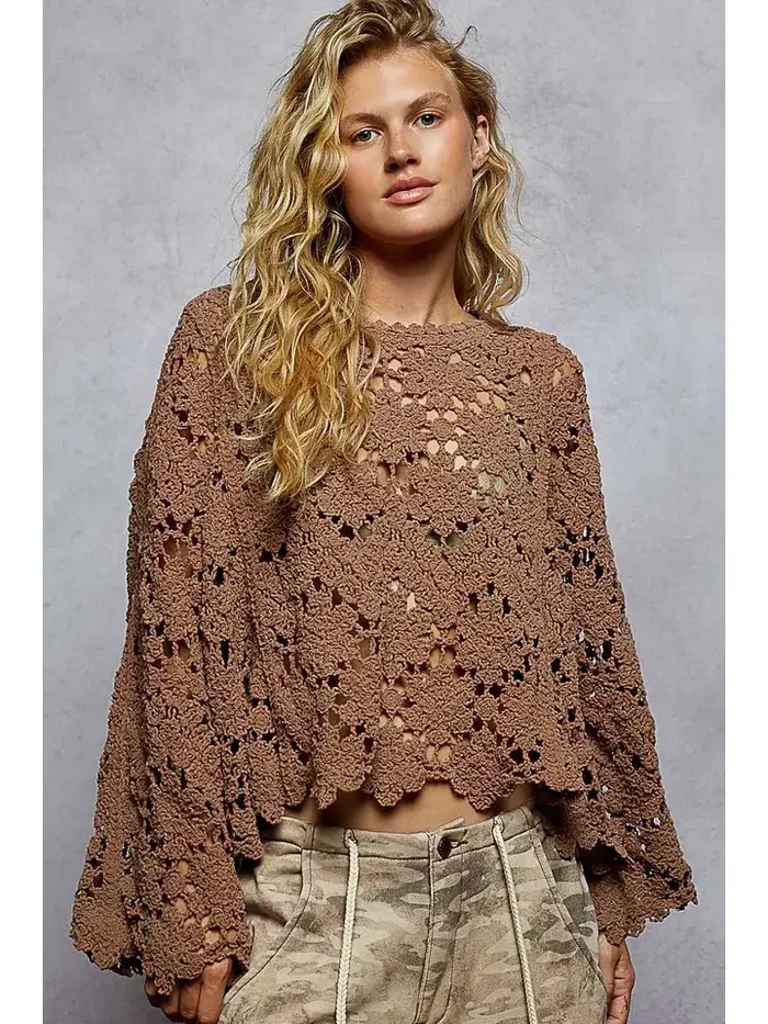 POL TEXTURED CHENILLE LOOSE FIT SWEATER-CHOCOLATE
