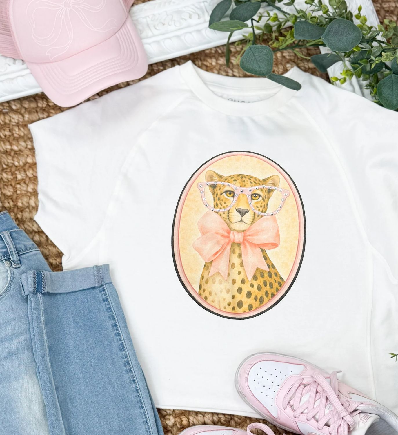 CHEETAH SPECS W/ RHINESTONE BOXY EDGY TEE-IVORY