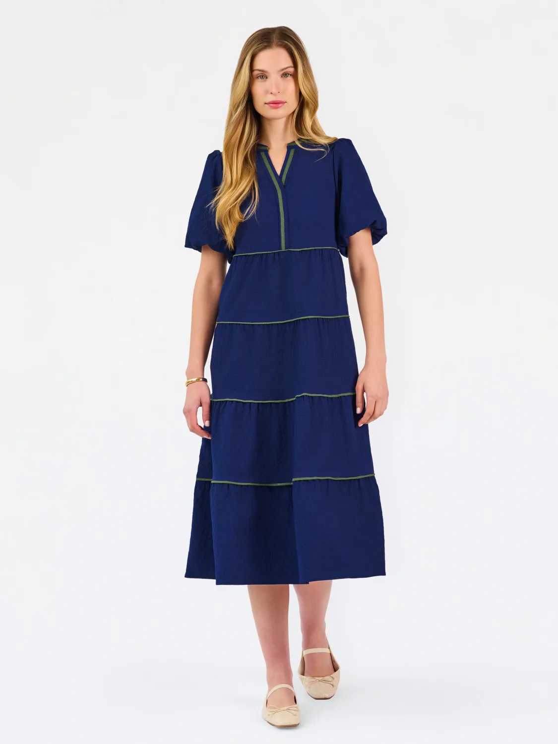 MARY SQUARE KINSLEY MIDI DRESS-NAVY SEERSUCKER