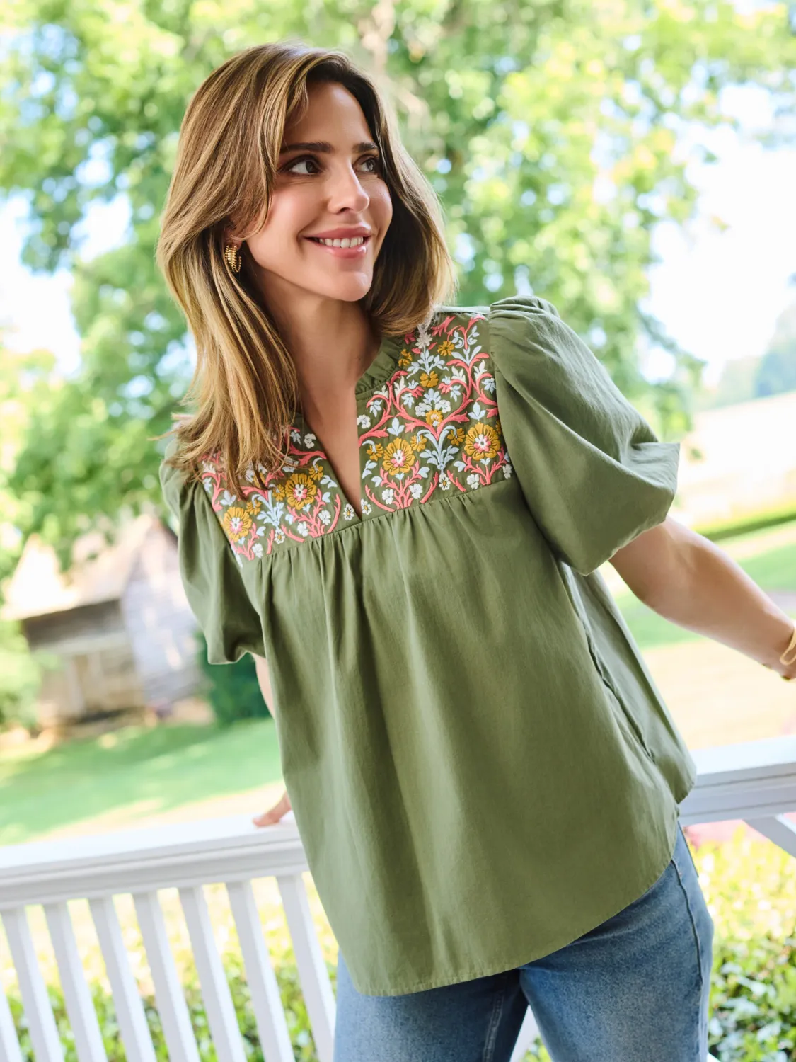 MARY SQUARE MAKAYLA  EMBROIDERED TOP-OLIVE