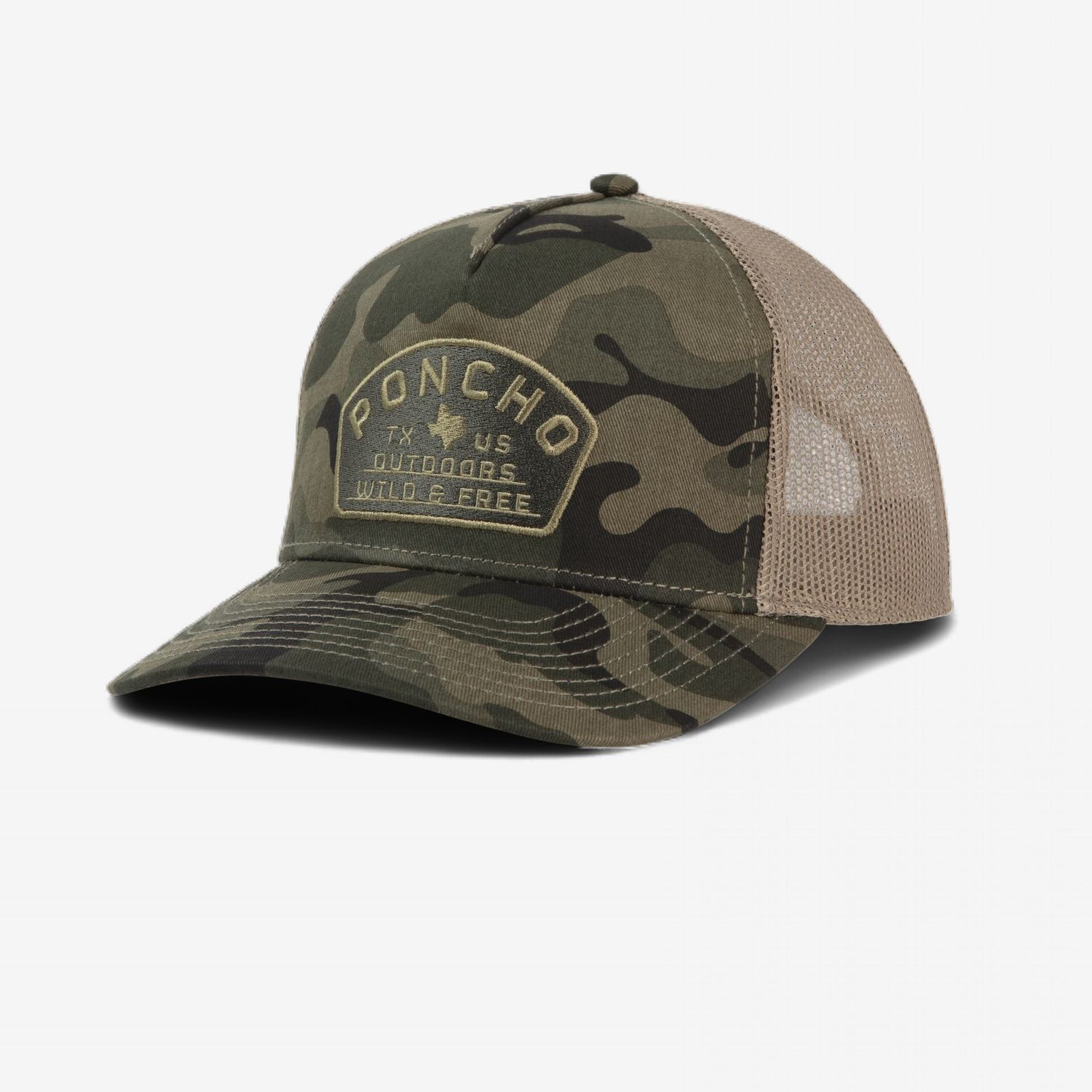 PONCHO CAMO WILD AND FREE TRUCKER HAT-CAMO