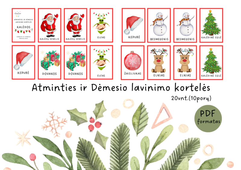 ATMINTIES IR DĖMESIO LAVINIMO KORTELĖS:KALĖDOS