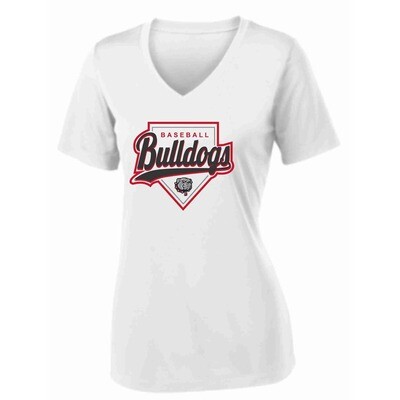 Bulldogs Diamond Women's White SportTek V-Neck T-Shirt - Short Sleeve