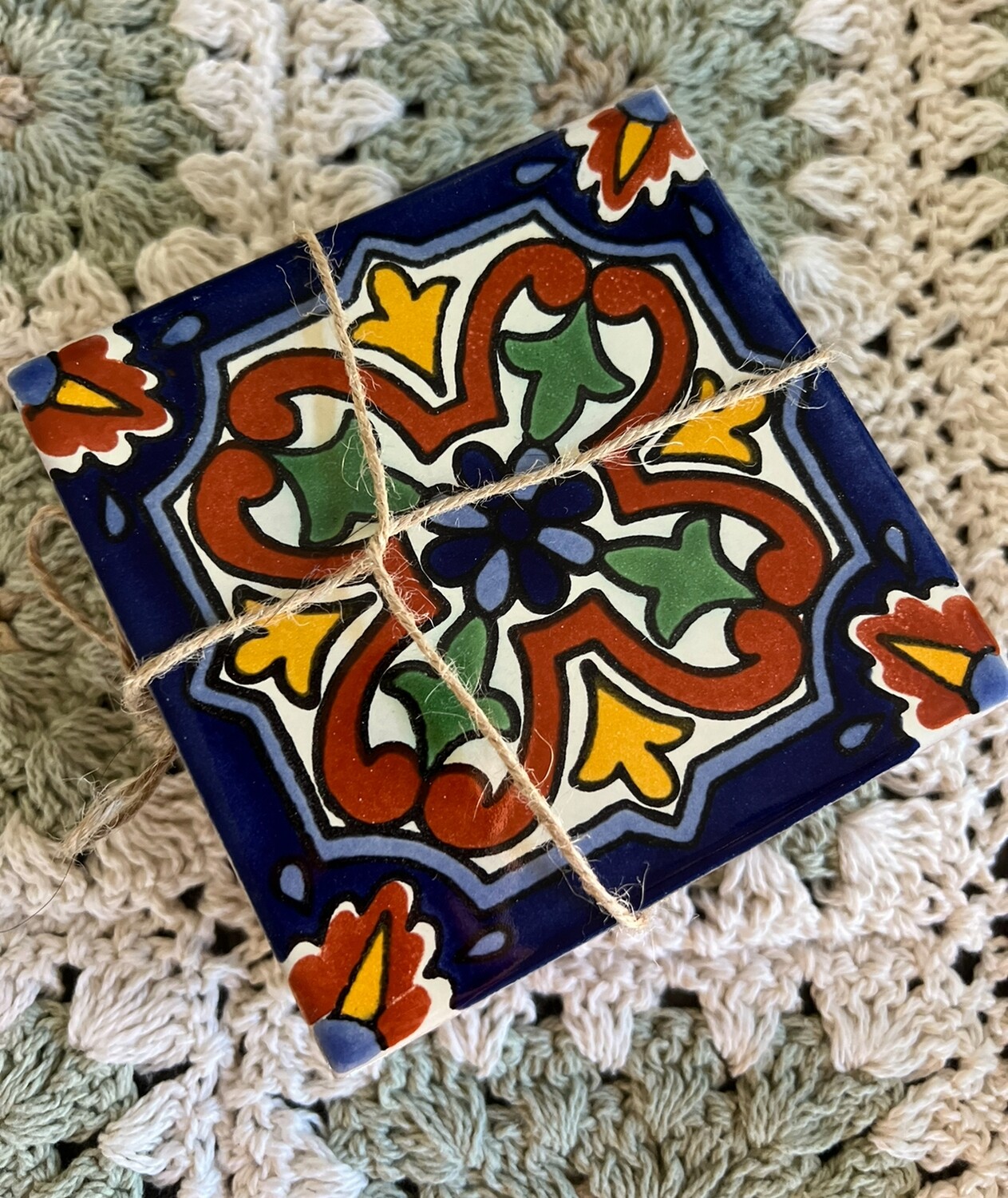 Porta vasos de talavera azul set de 4