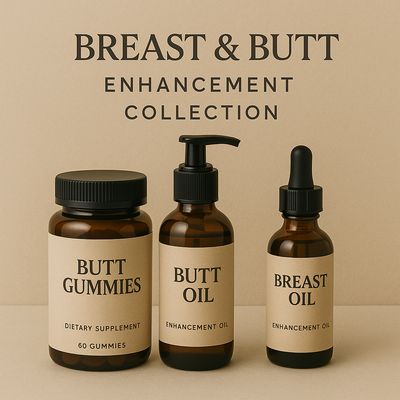Butt or breast enhancement collection with body oils and targeted body care products