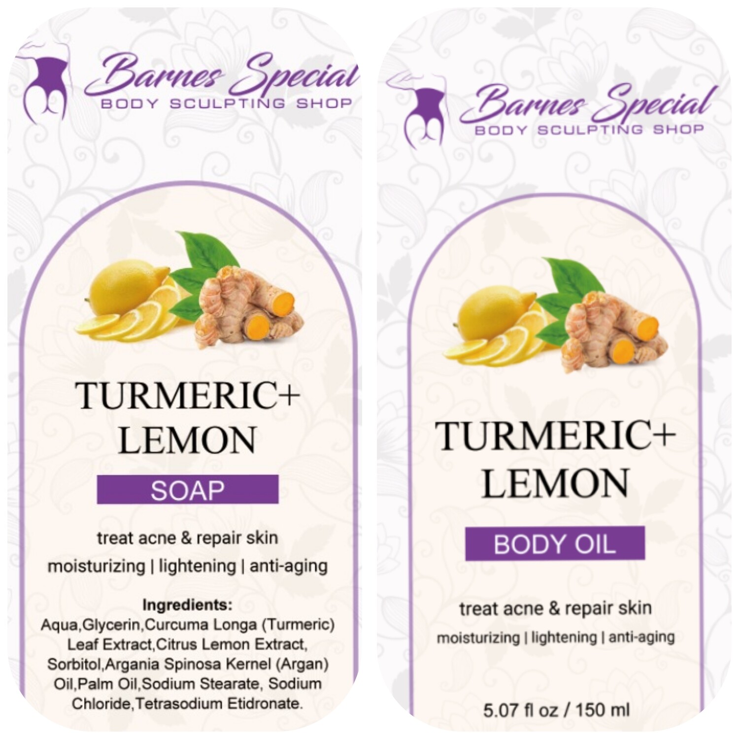 Turmeric and lemon body care kit with body soap and body oil