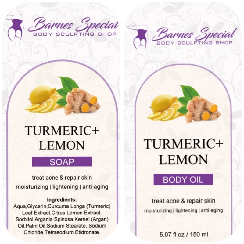 Turmeric and lemon body care kit with body soap and body oil