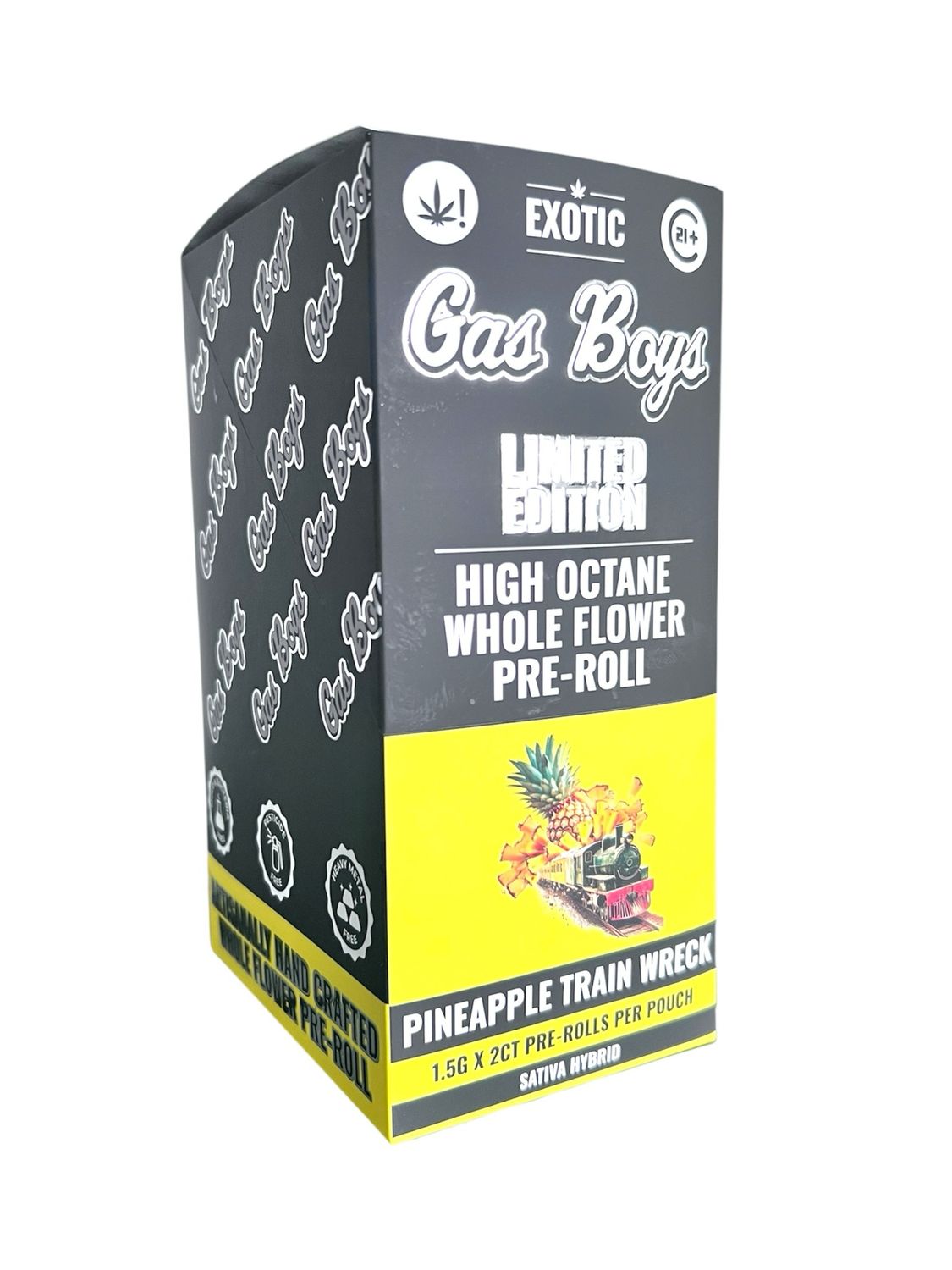GAS BOYS EXOTIC PRE ROLL - SATIVA HYBRID - LE - PINEAPPLE TRAIN WRECK 1.5G /2 JOINT - 10 CT
