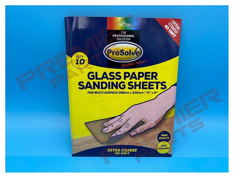 ProSolve Glass Paper Sanding Sheet 9x11&quot; 40 Grit (Pack of 10)