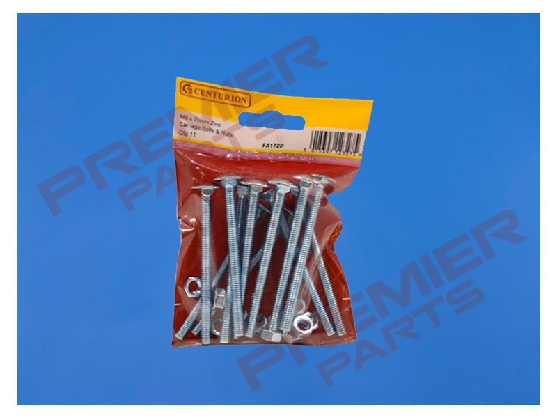 M6 x 75mm ZP Small Carriage (COACH) Bolts &amp; Nuts (Pack of 11)