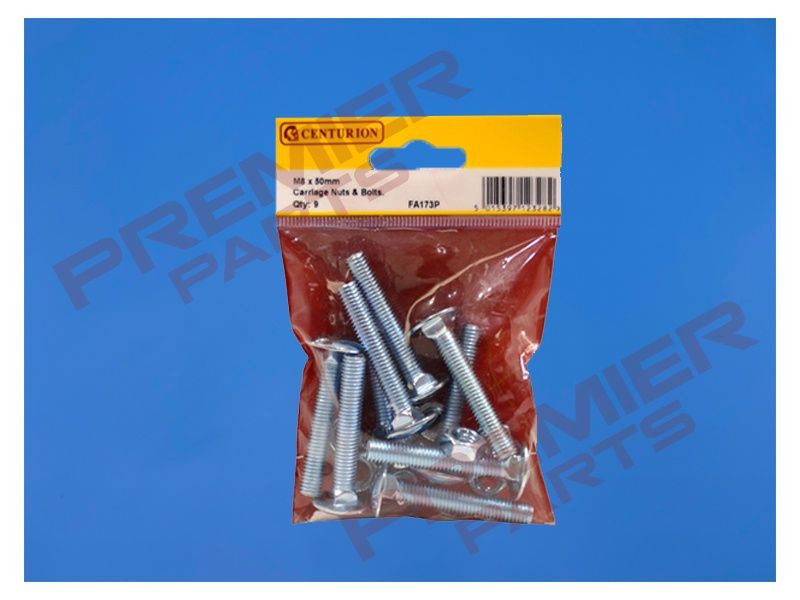 M8 x 50mm ZP Small Carriage Coach Bolts &amp; Nuts (Pack of 9)