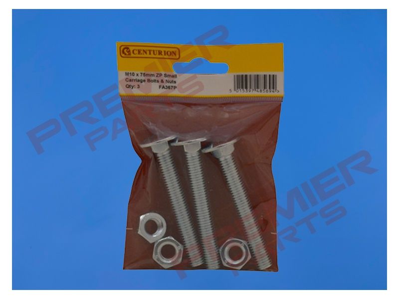 M10 X 75mm ZP Small Carriage Coach Bolts &amp; Nuts (Pack of 3)